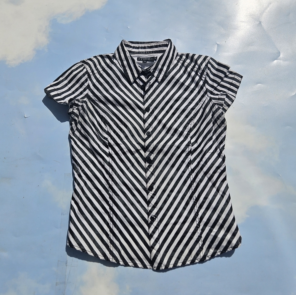 Tripp NYC Black & White Top Y2k Early 2000s Short Sleeve Button Down Goth Tripp - Picture 10 of 12